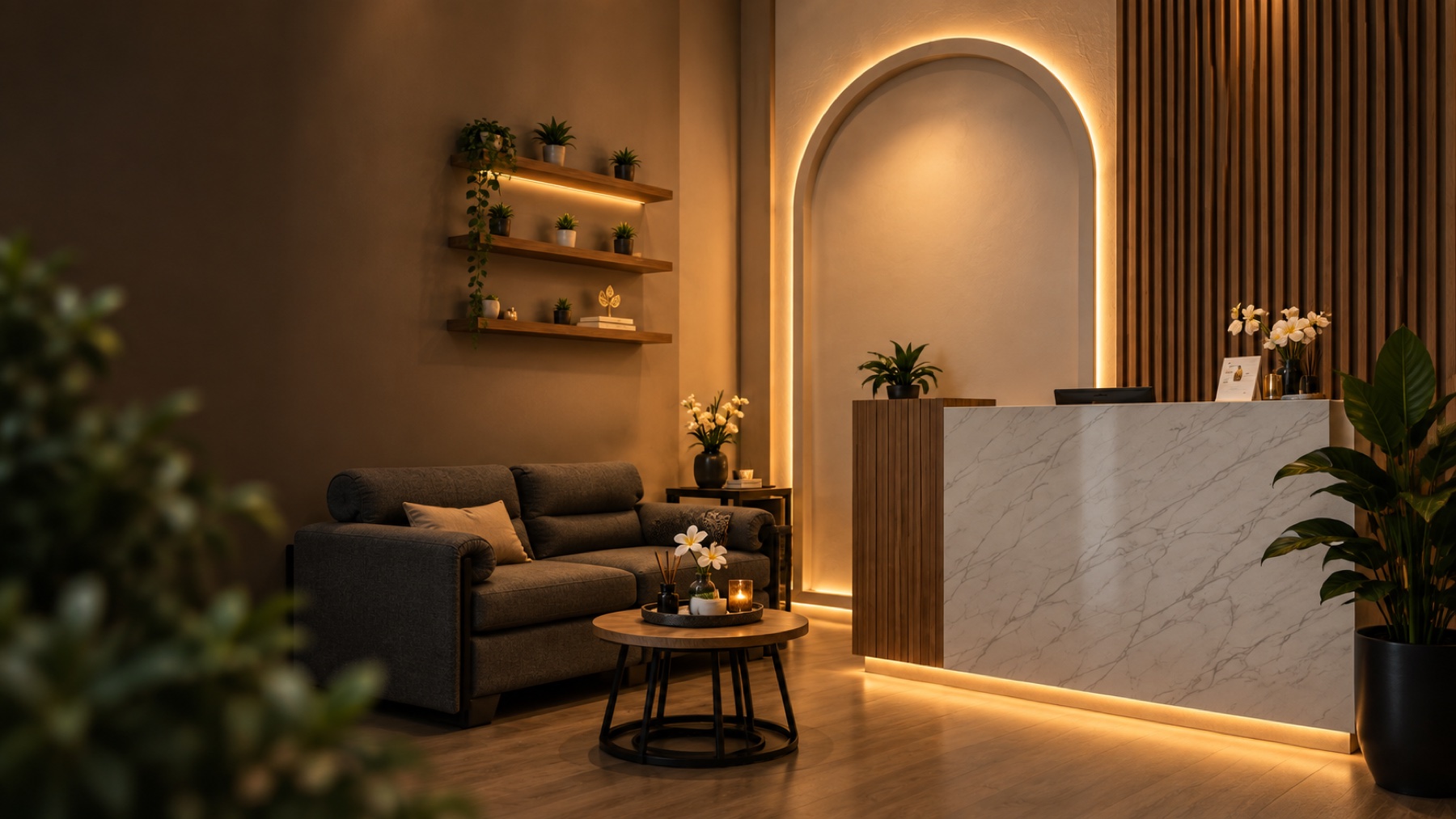 Interior resepsionis dan ruang tunggu Shine Family Reflexology